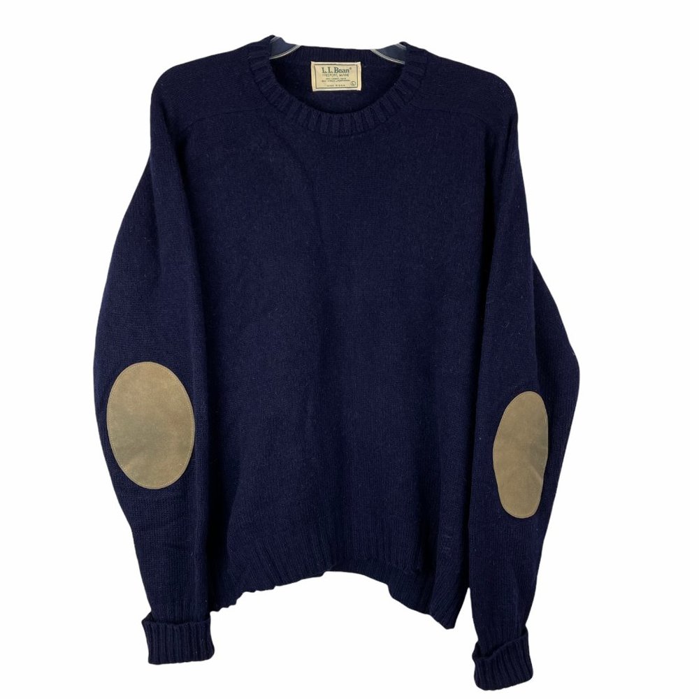 Vintage LL Bean Sweater Camel Hair & Wool Suede Elbow Pads Grunge Navy